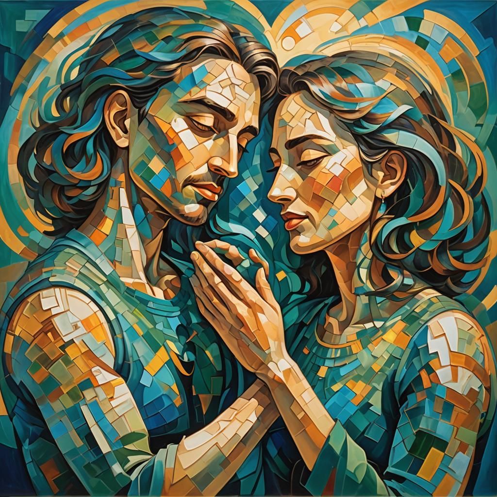 Affectionate Couple with Hearts in Cubist Style