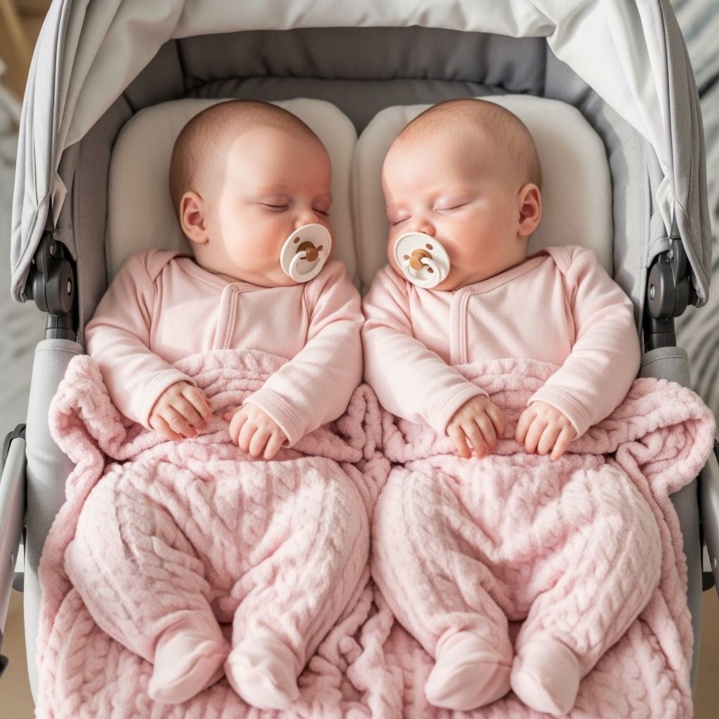 Twins in Pink: A Peaceful Stroller Scene