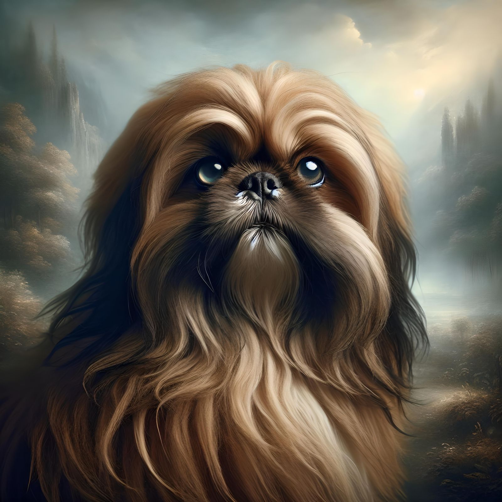 Fluffy Brown Hybrid Dog with White Chest Patch in Ethereal L...