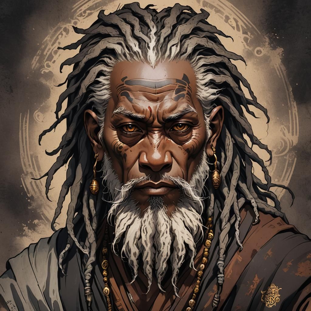 Elder Monk with Mysterious Lion Tattoo in Cinematic Anime St...
