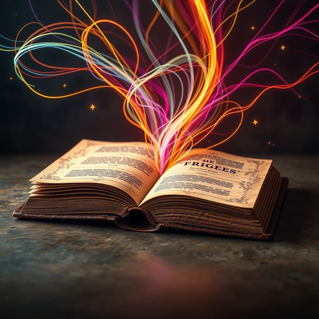 Lines Emerge from an Ornate Leather-Bound Book in a Hyper-Re...