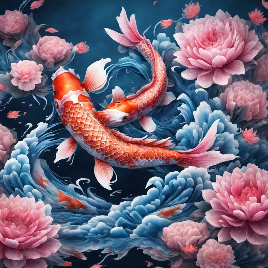 Vibrant Blue and Pink Koi Fish Soar with a Majestic Chinese...