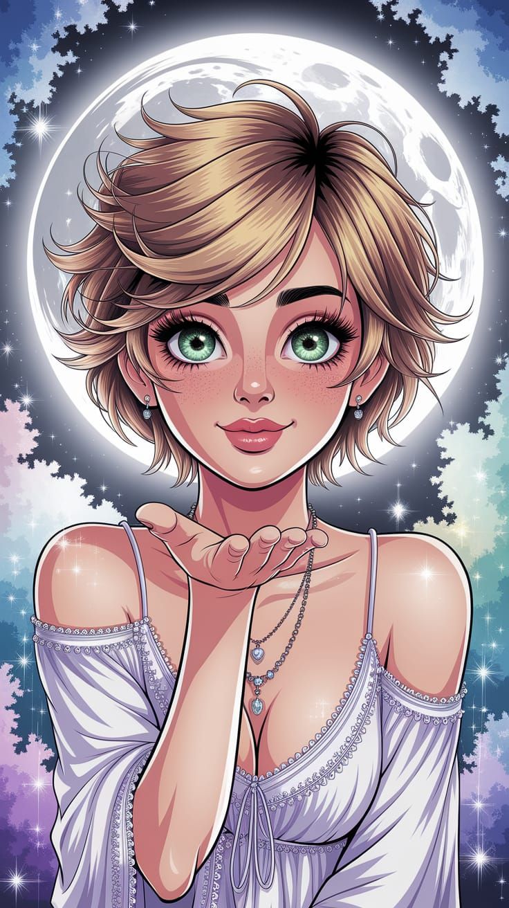 Anime-Style Woman Blows Kisses in Enchanted Watercolor World