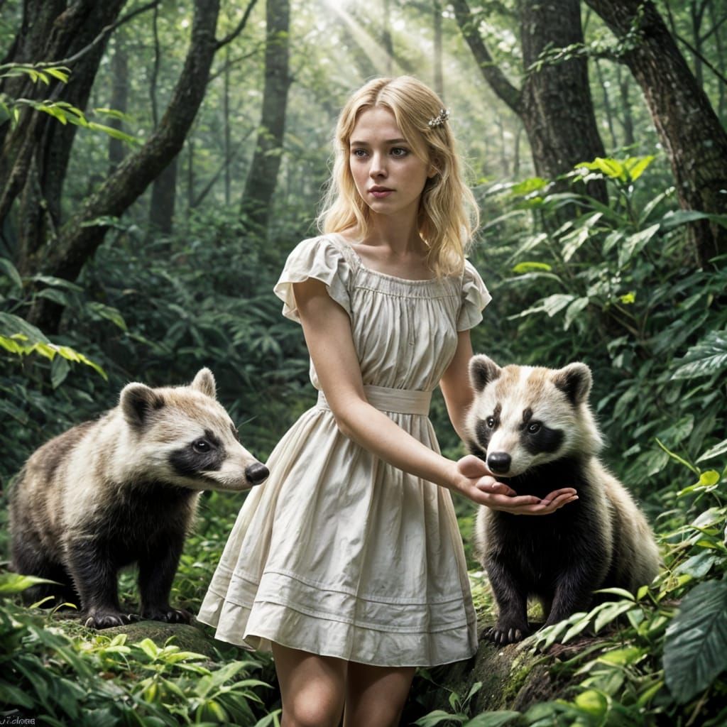 Serene Girl Invites Whimsical Badger in Vibrant Oil Painting...