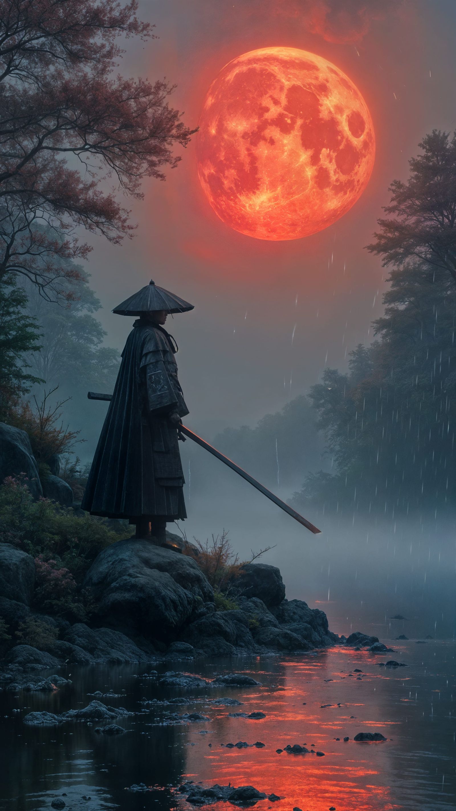 Samurai Under Ethereal Red Moonlight
