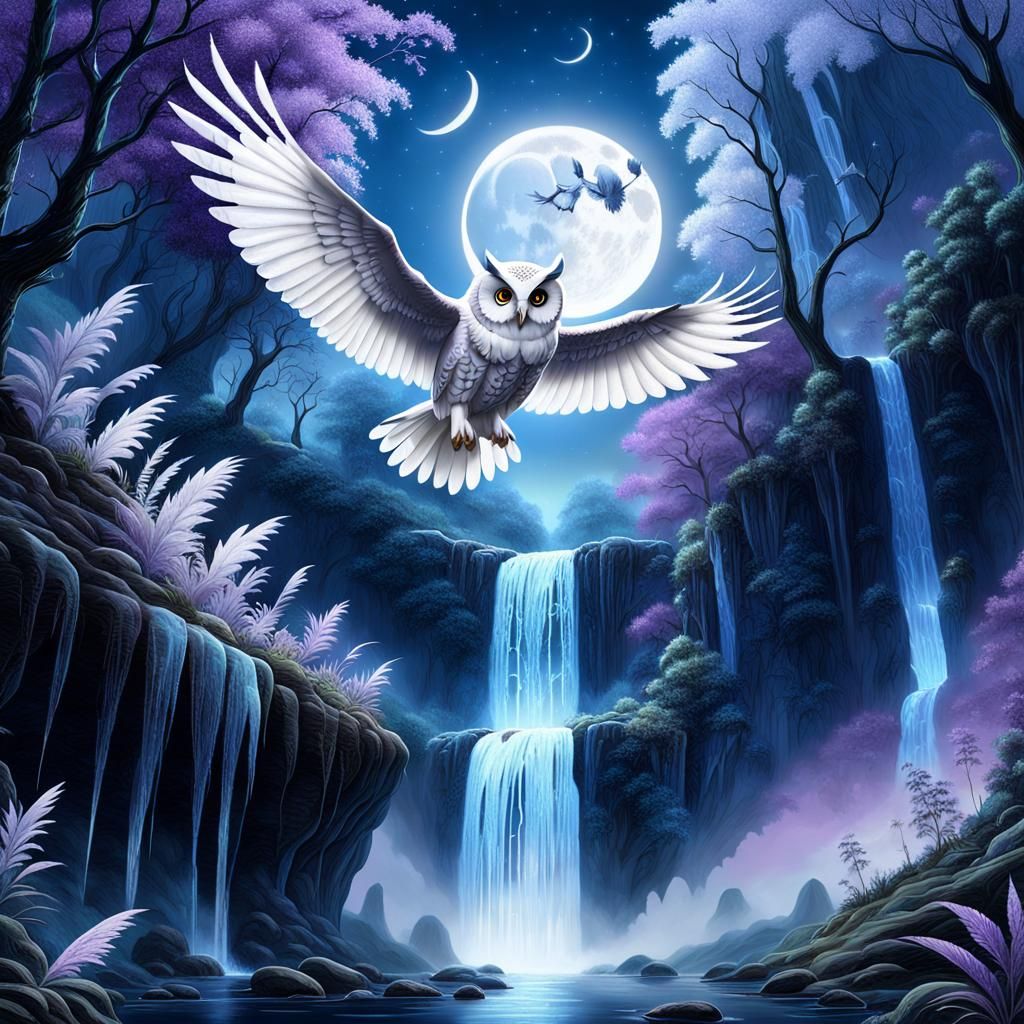 Owl Over Enchanted Falls in a Moonlit Haven