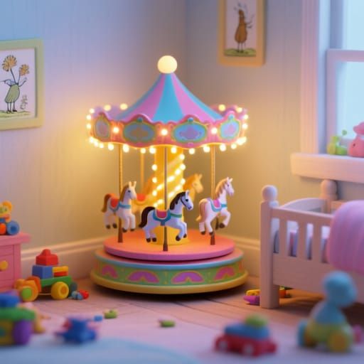 Brightly Colored Miniature Carousel in Child's Room