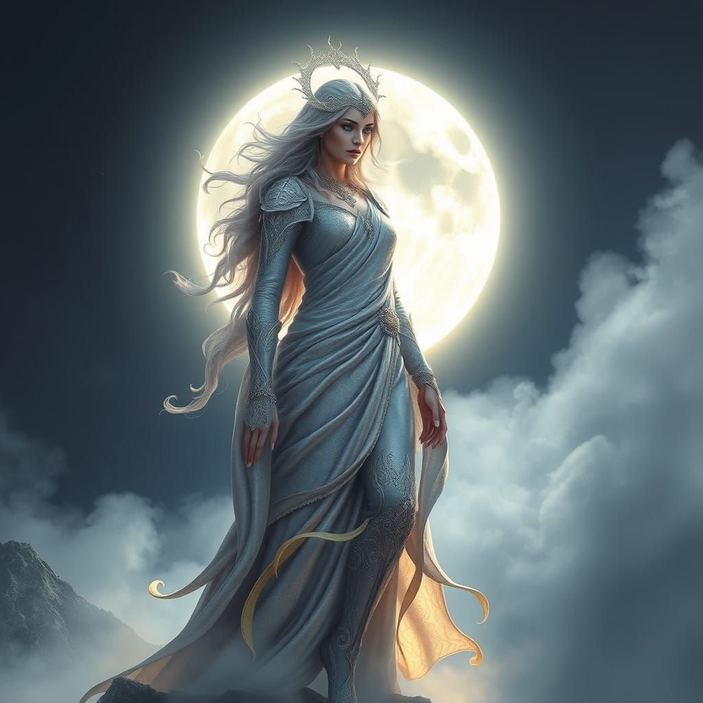 Moon Goddess in Shimmering Silver Robes, Epic Fantasy Painti...