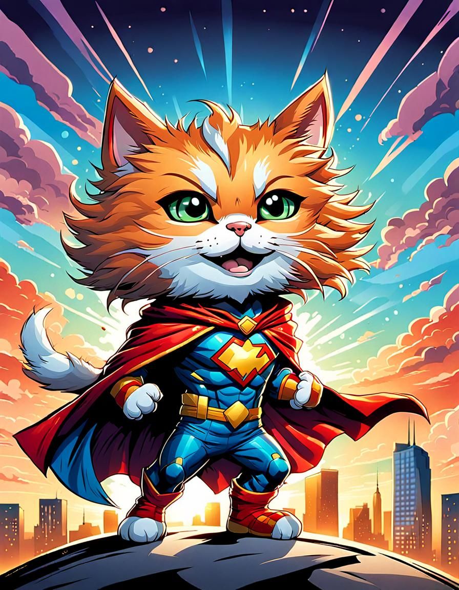Vibrant Chibi Cat Superhero in Whimsical Cityscape