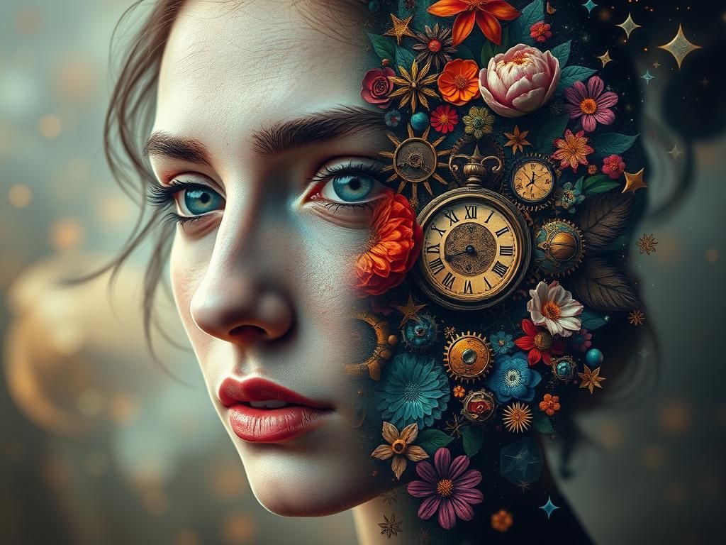 Dreamlike Fusion of Realism and Whimsy in a Surreal Portrait