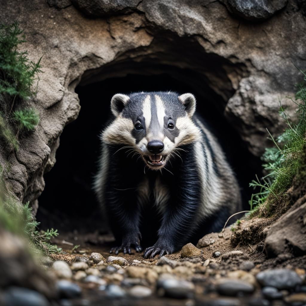 Smiling Badger in Front of Cave, River at Sunset