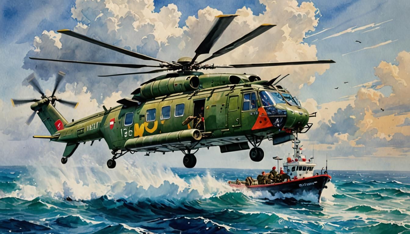 Epic Impressionist Gouache Painting of Border Guard Helicopt...