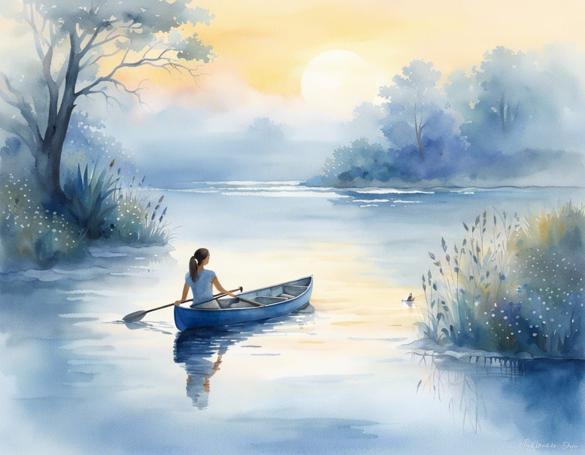 Surreal Watercolour Landscape with Serene Lake Rower