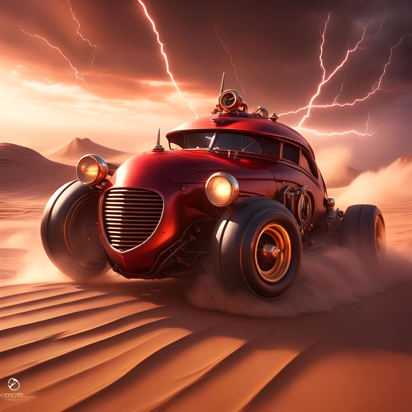 thrilling race night scene, a steampunk racing car in the de...