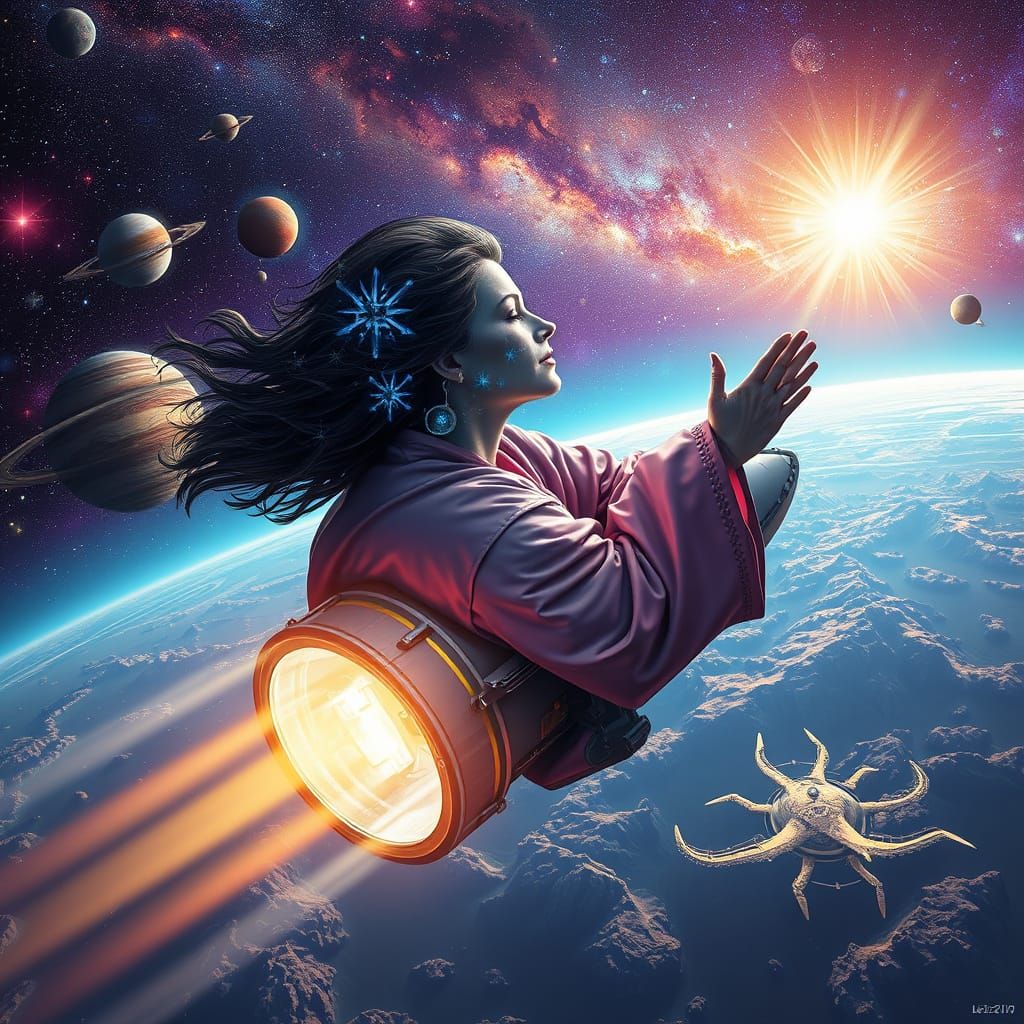 Earth-Faced Woman Flies Spaceship in Cosmic Scene