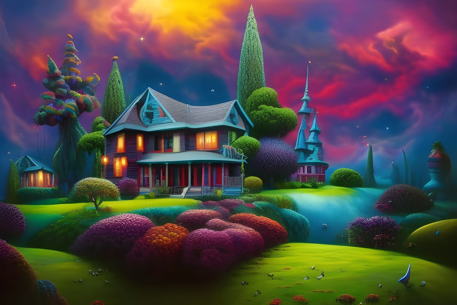 Dreamlike Lowbrow House in Vibrant Psychedelic Colors