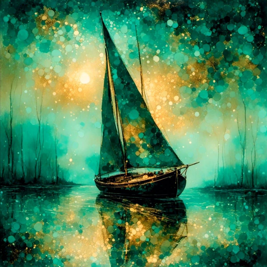 Sailboat Silhouette at Golden Hour in Vibrant Alcohol Ink St...