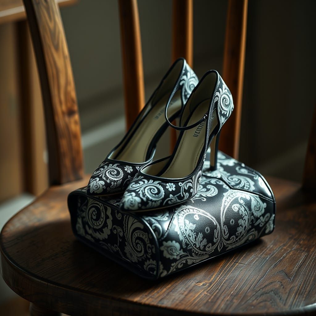 Elegant Black and White Paisley Heels on a Weathered Wooden ...