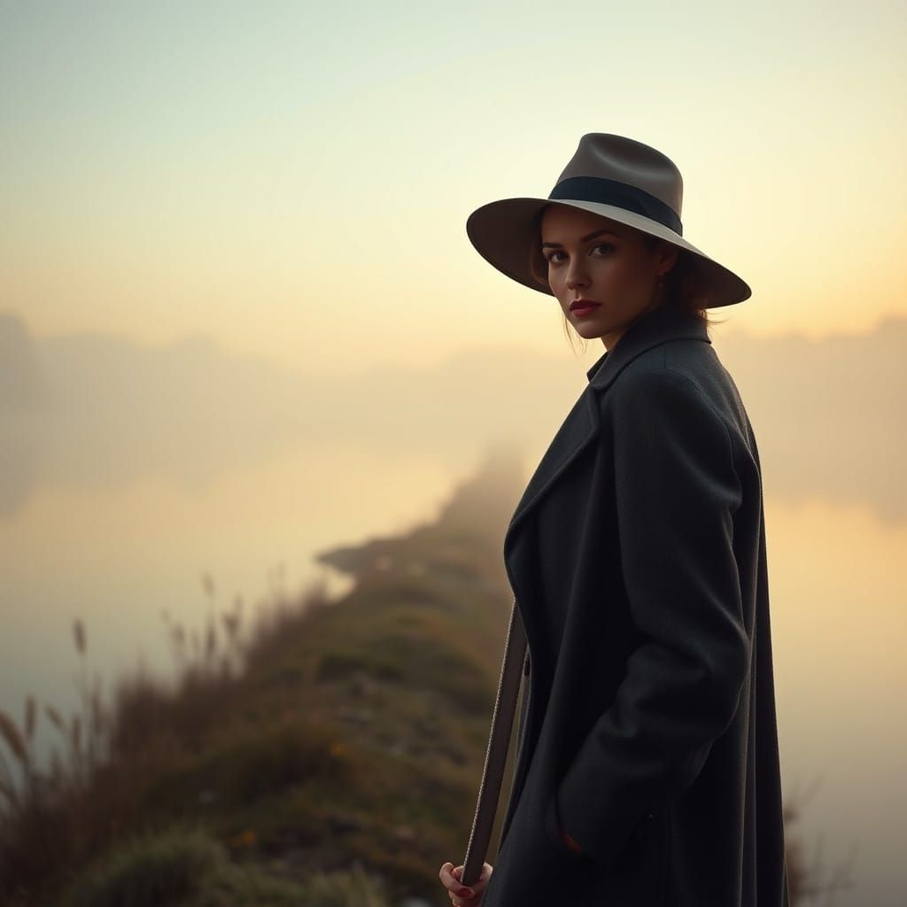 Elegant Woman Contemplates Misty Morning Lake in Vintage Sty...