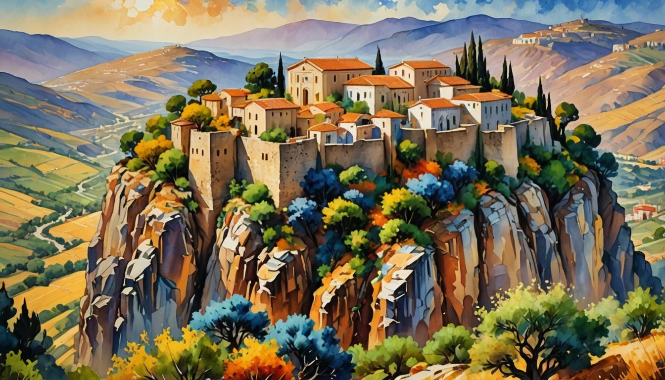 Greek Monastery Landscape in Vibrant Watercolor
