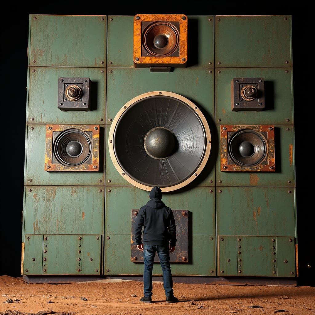 Giant Rusted Metal Speaker Sculpture in Wasteland