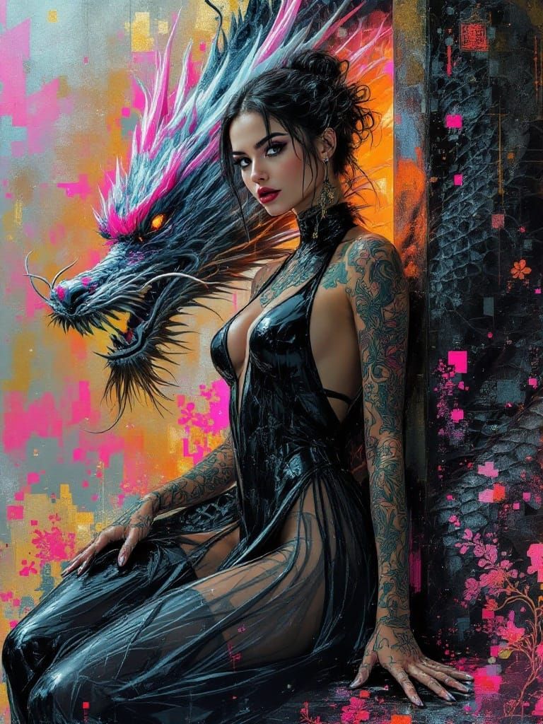 Digital Renaissance Warrior Goddess with Glitching Dragon
