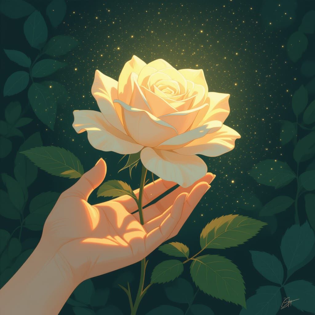 Wilted Rose with Glowing Hand in Dreamy Aesthetic