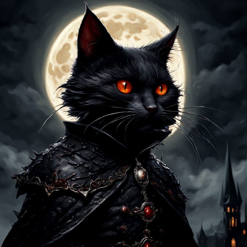 Impasto Oil Painting of a Vampire Cat Biting a Mouse