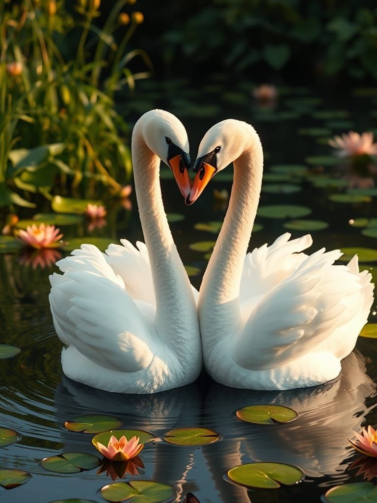 Ethereal White Swans in Heart-Shaped Union on a Serene Pond