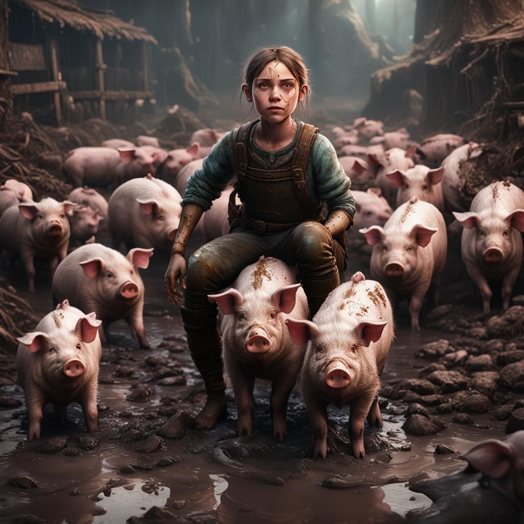 A Girl in Muddy Paradise with Pigs