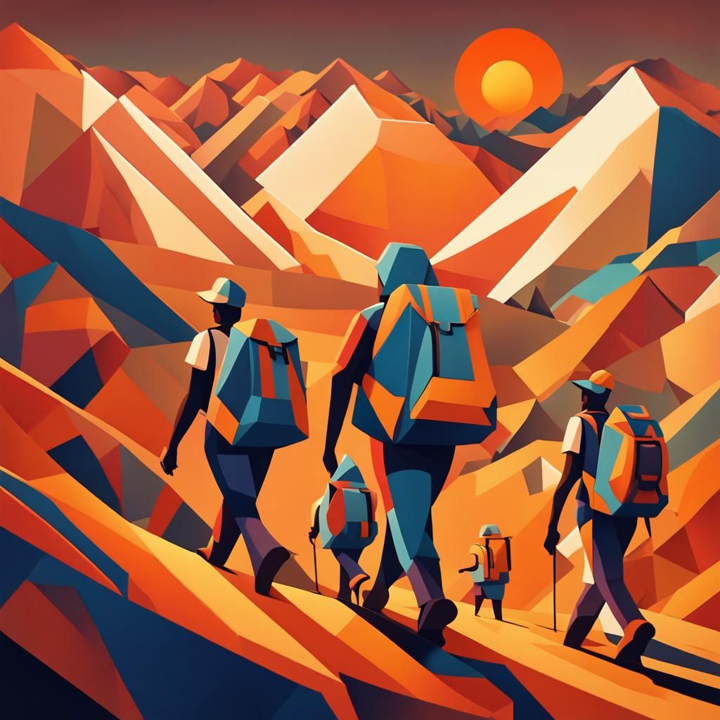 Refugees in Vibrant Morning Landscape with Cubist Influences