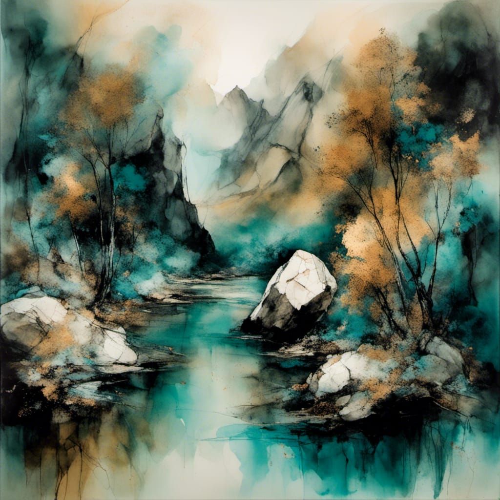 Strong Hero Pushes Boulder Up a Serene Mountain Meadow