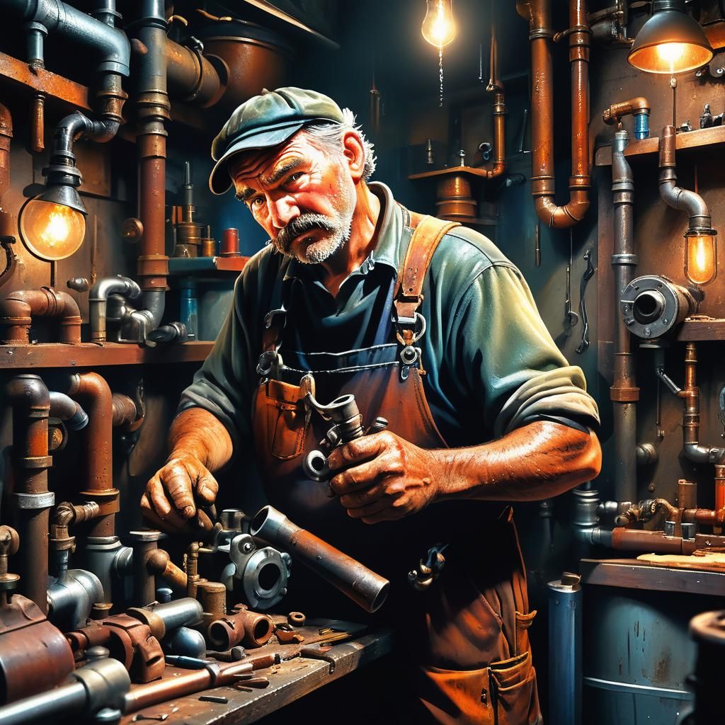 Old Master Plumber Working in a Cluttered Workshop