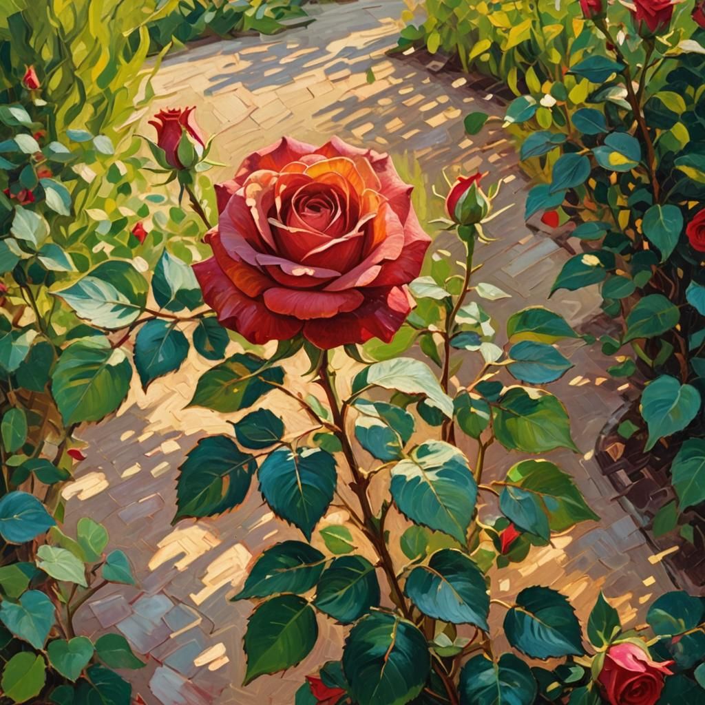 Van Gogh-Inspired Oil Painting of a Red Rose in Full Bloom