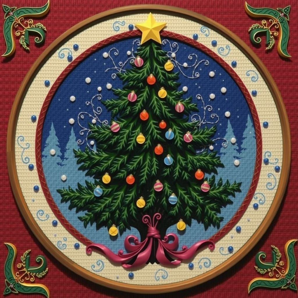 Whimsical Christmas Fir Tree in Vibrant Needlepoint and Quil...