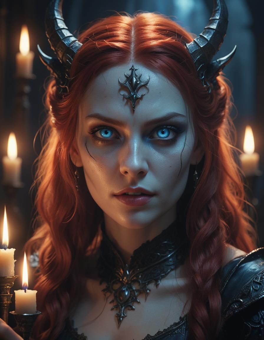 Hyperrealistic Demoness Enthralled by Candle Flame
