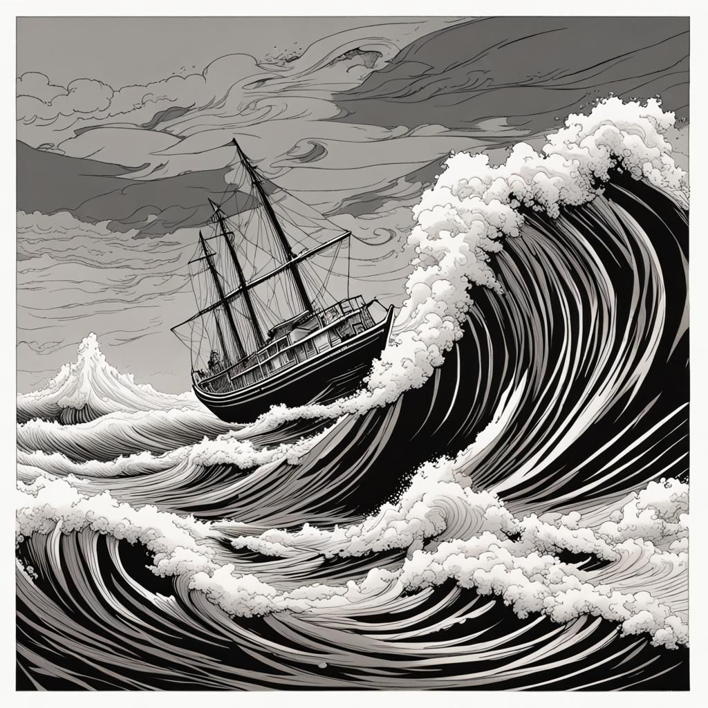 Stormy seascape in line art