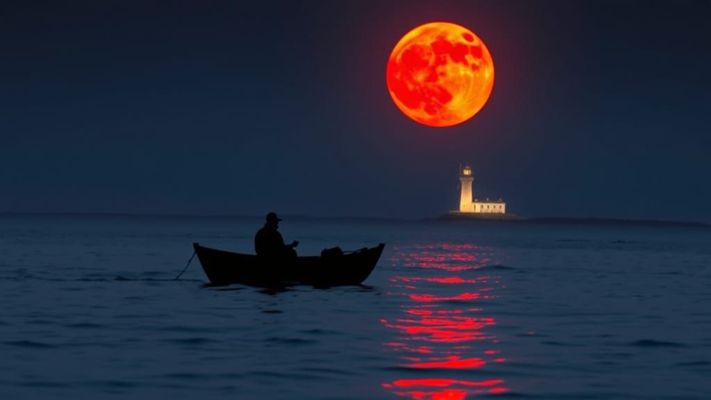 Fisherman's Reflection Under Red Moon