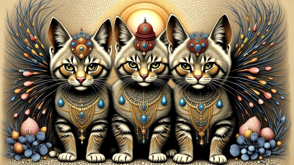 Three Whimsical Orientalist Kittens in a Dreamlike Impressio...