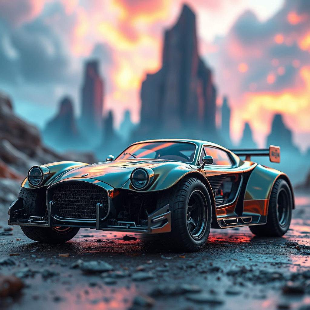 Life-Sized RC Car in Vibrant Fantasy Landscape