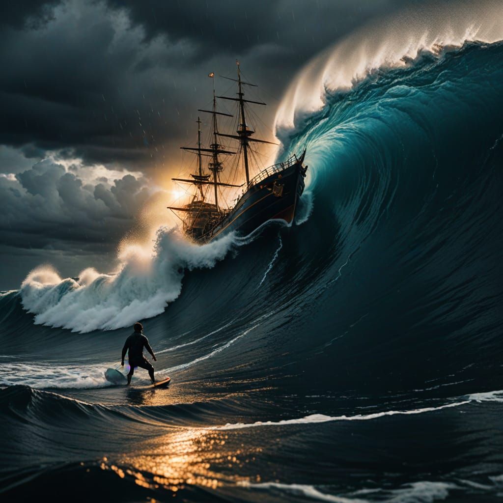 Man Riding Wave Beside Sunken Pirate Ship