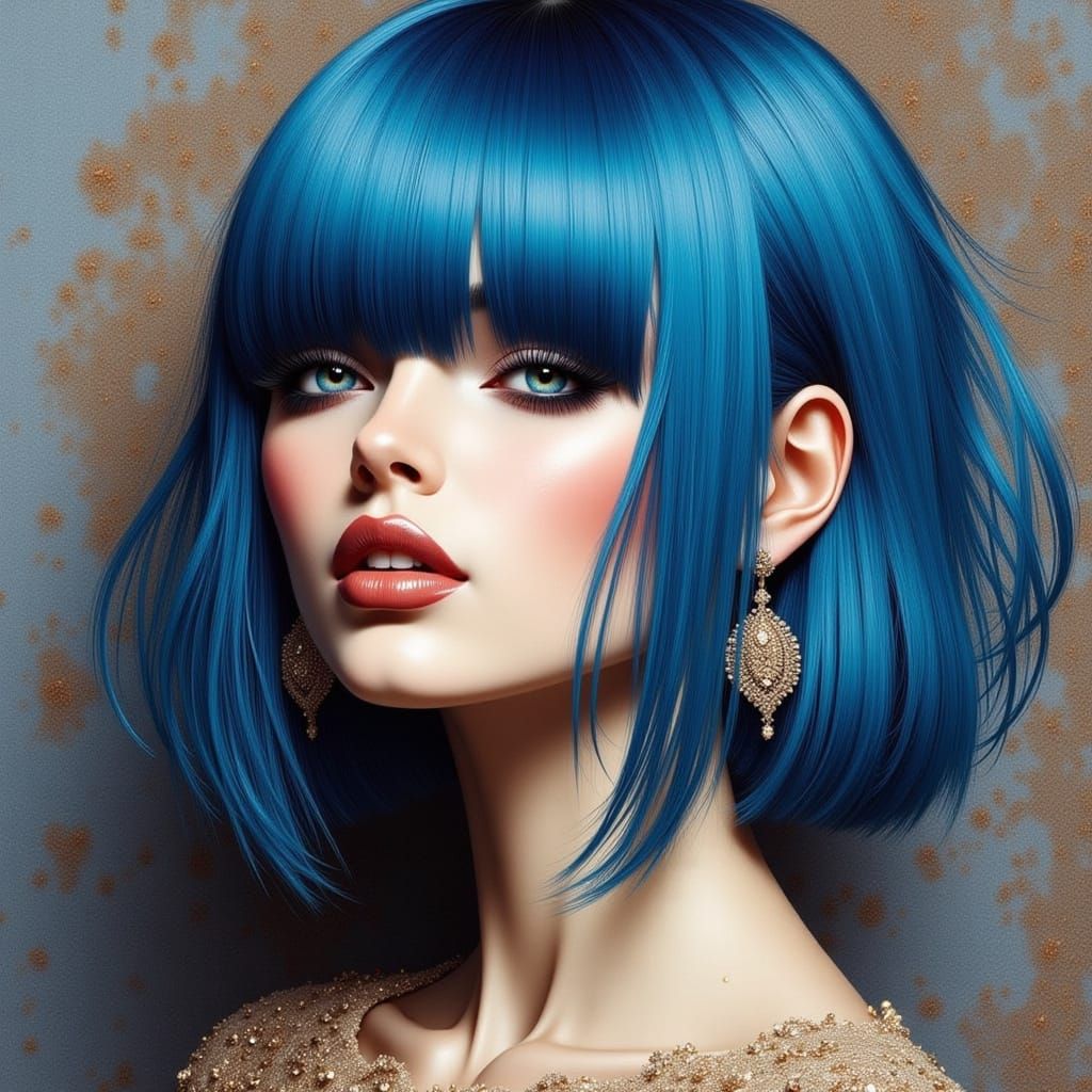 Woman with Blue Hair and Blunt Bangs
