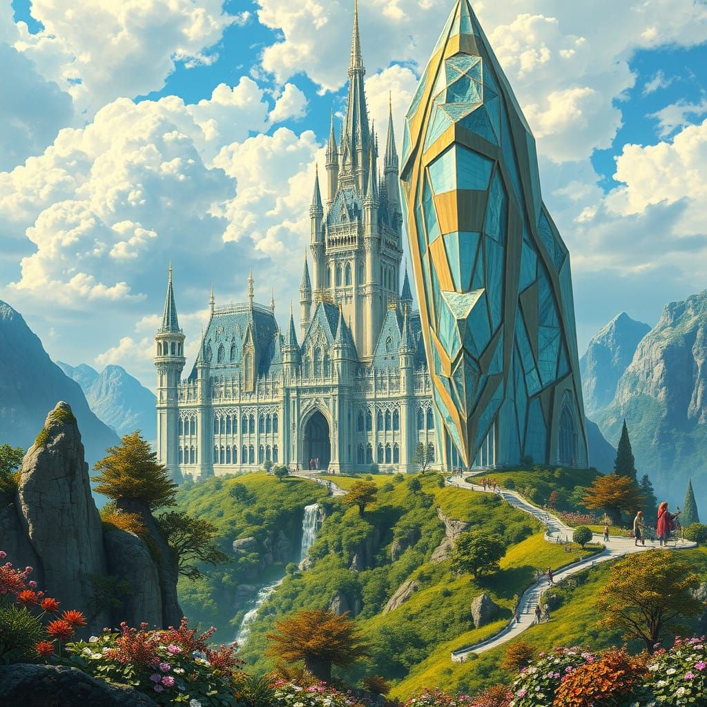 Surreal Glass Castle with Crystal Formations in Vibrant Land...