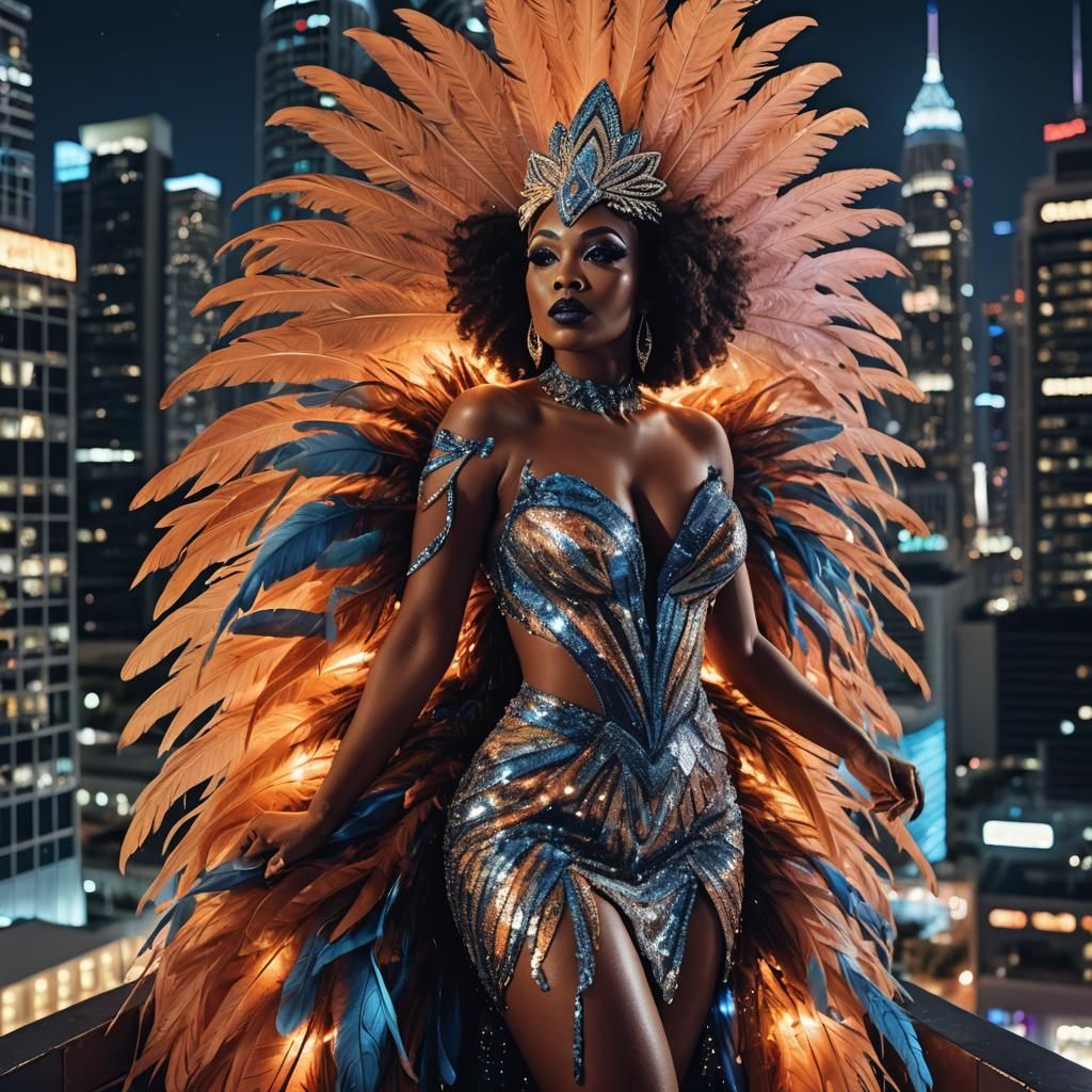 Ethereal Angelic Showgirl on Miami Skyscraper