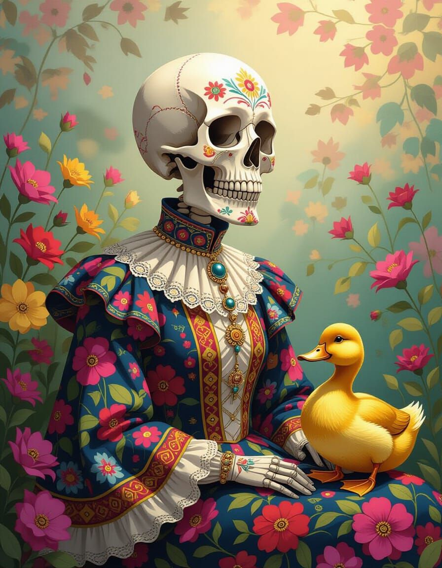 Colorful Patchwork Skull Portrait with Duck