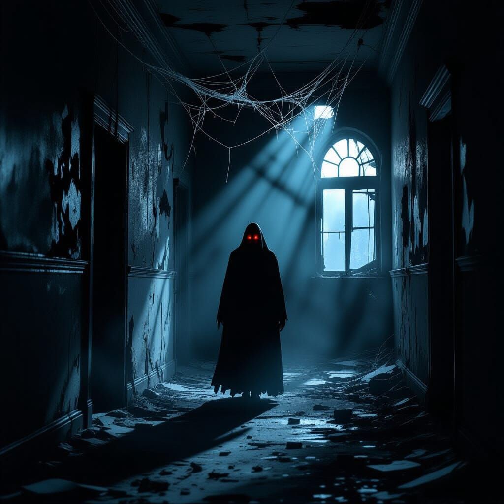 Shadowy Figure With Glowing Red Eyes in Dark Hallway