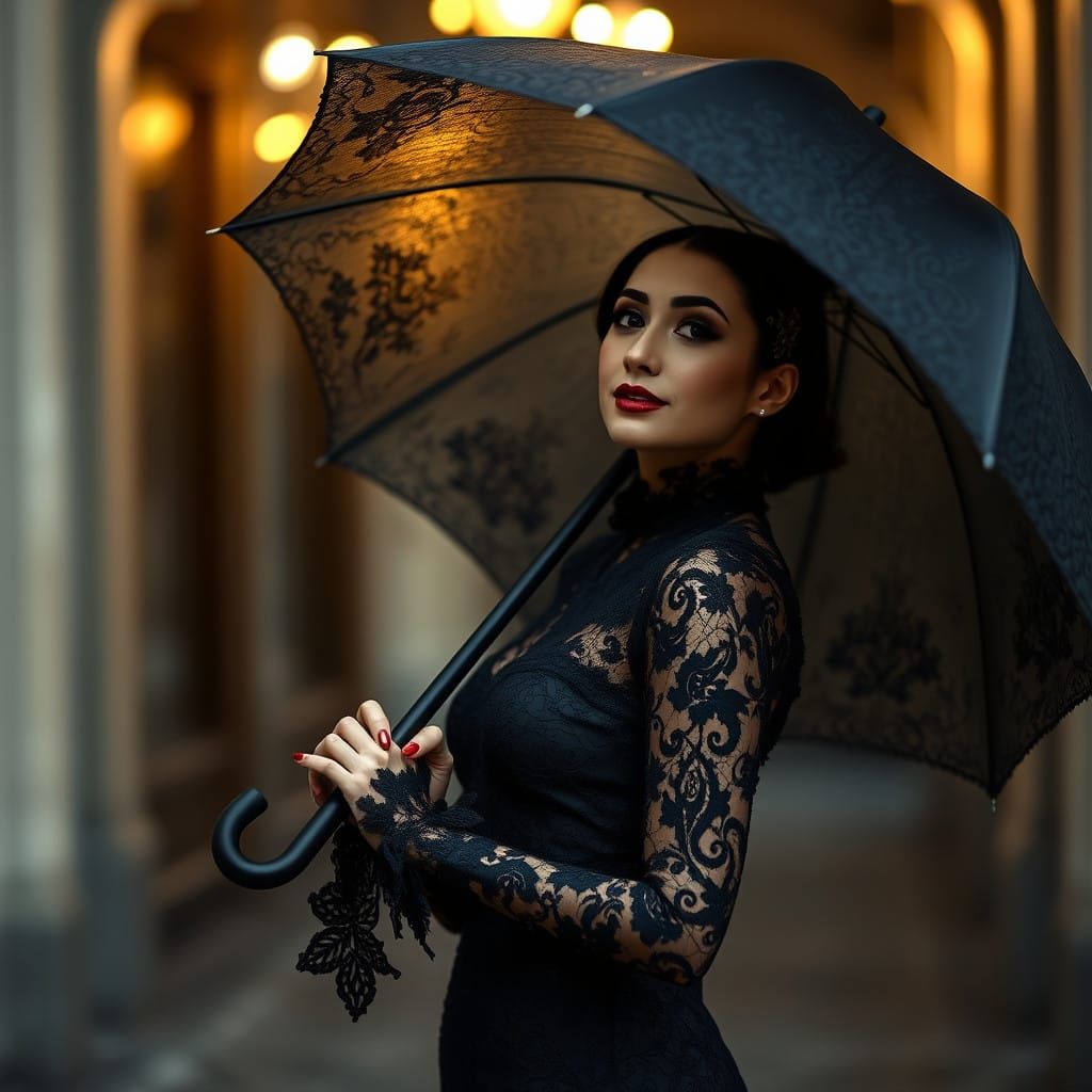 Elegant Woman in Black Lace Umbrella