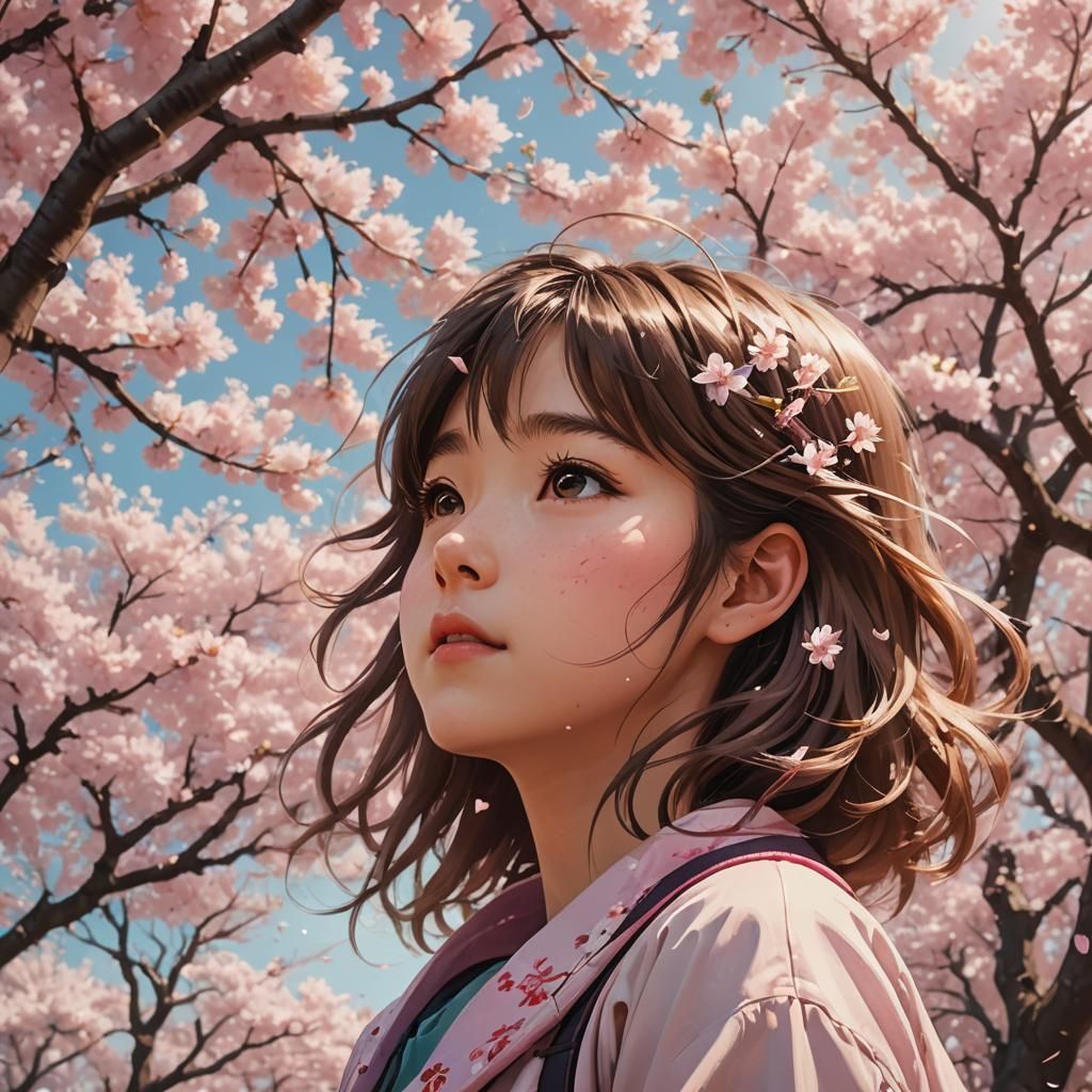 Anime Portrait of Young Girl Amidst Cherry Blossoms