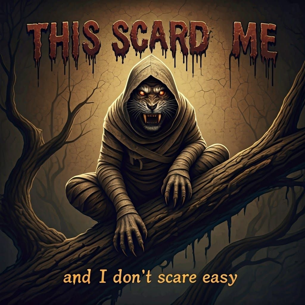 Line 1: Large text says "THIS SCARED ME" in raised, bold, dripping horror font. Fill with cracked wall texture with a pa...