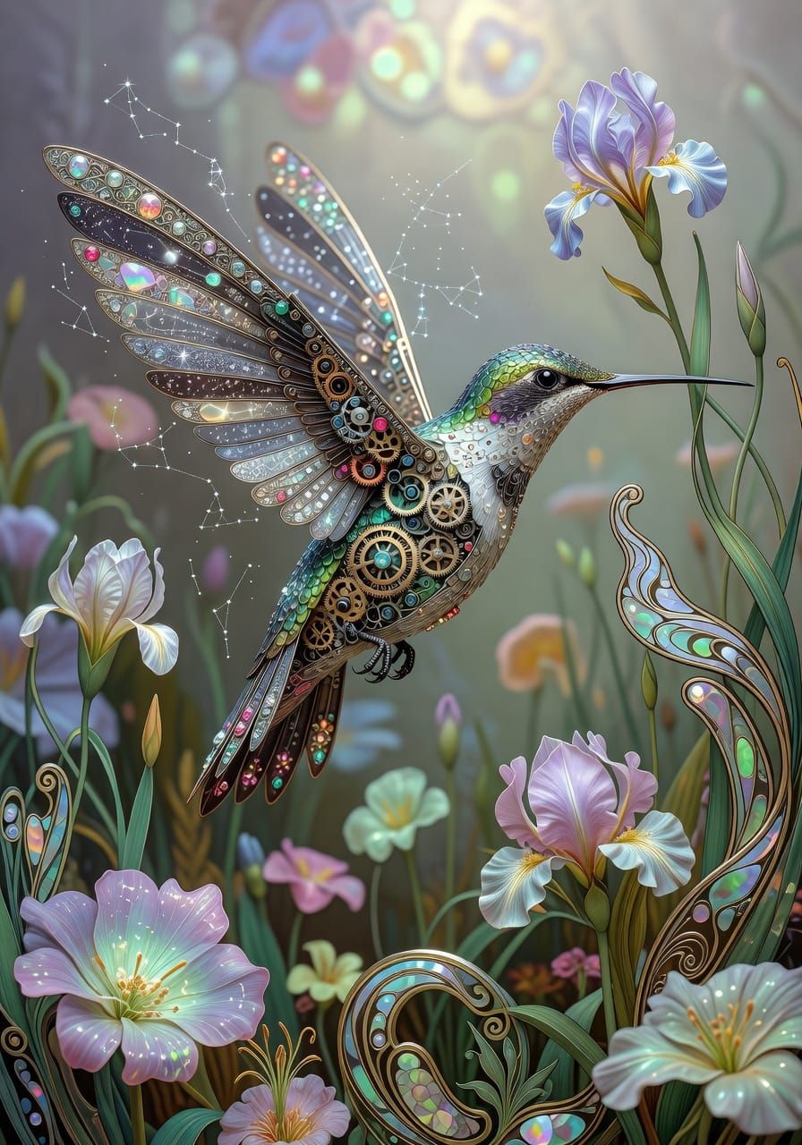 Clockwork Hummingbird in Art Nouveau Garden with Constellati...